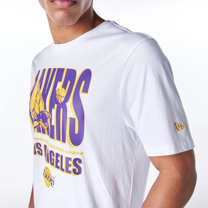 The Male model is wearing LA Lakers NBA Wordmark Graphic White T-Shirt 3