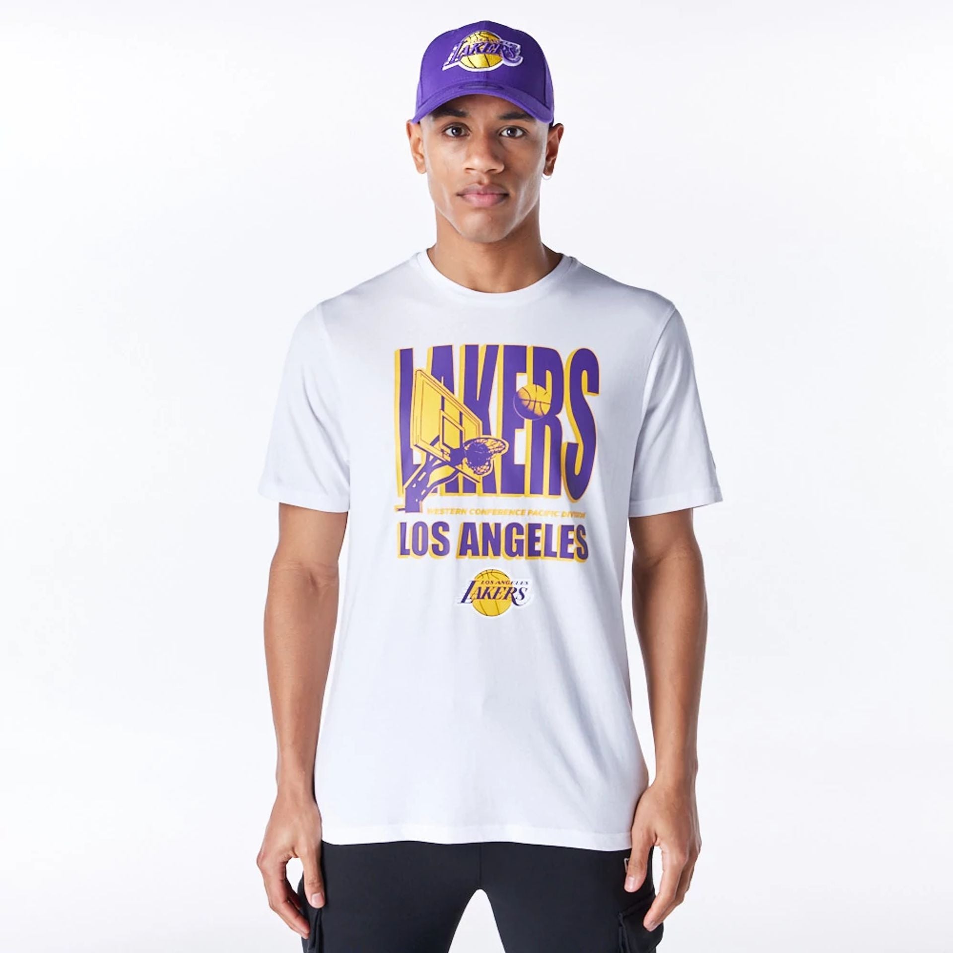 The Male model is wearing LA Lakers NBA Wordmark Graphic White T-Shirt 1