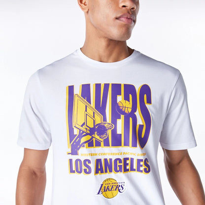 The Male model is wearing LA Lakers NBA Wordmark Graphic White T-Shirt 4