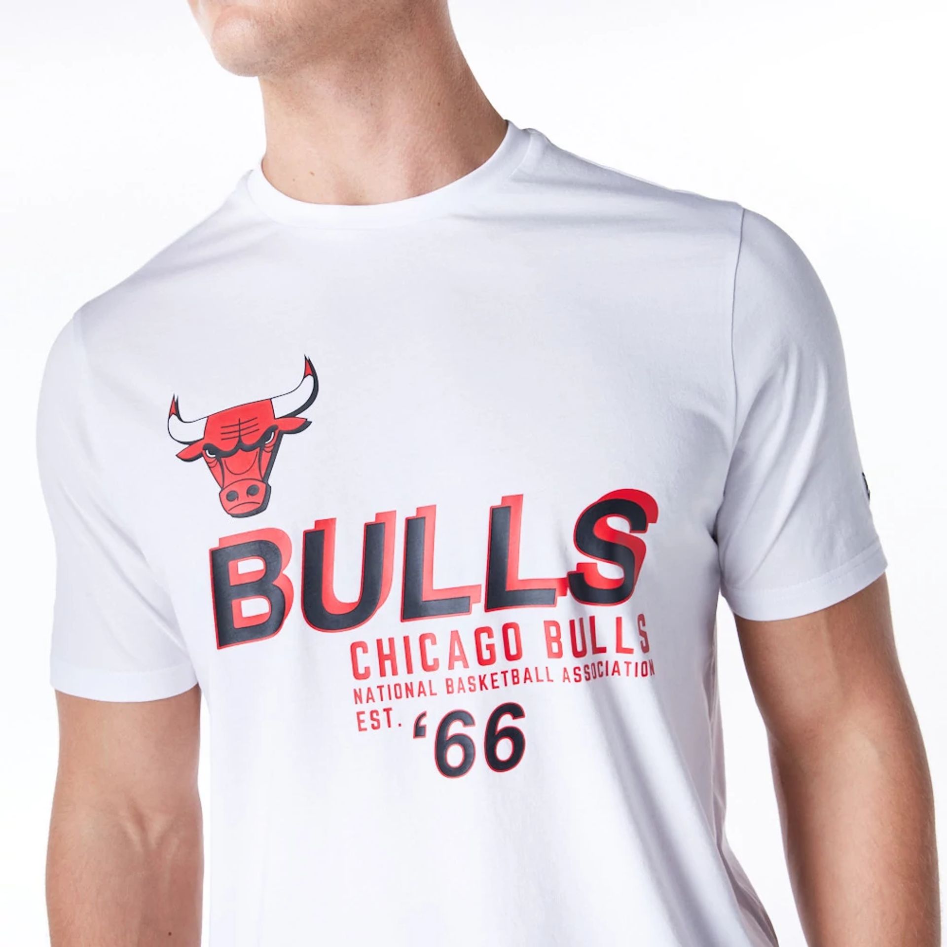 The Male model is wearing Chicago Bulls NBA Graphic White T-Shirt 5