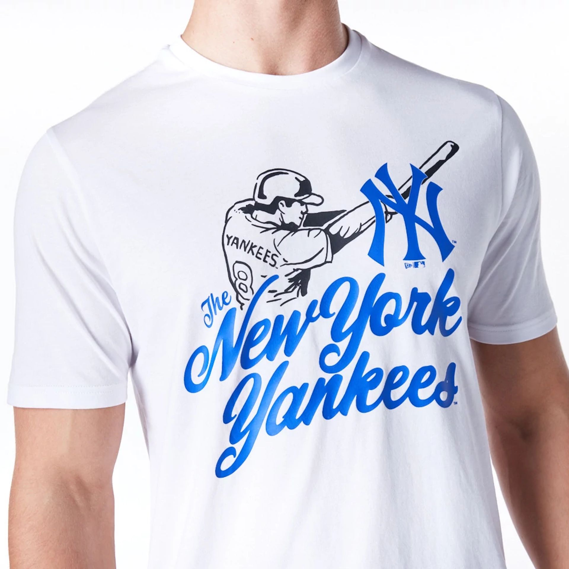 The Male model is wearing New York Yankees MLB Baseball Graphic White and Blue T-Shirt 4