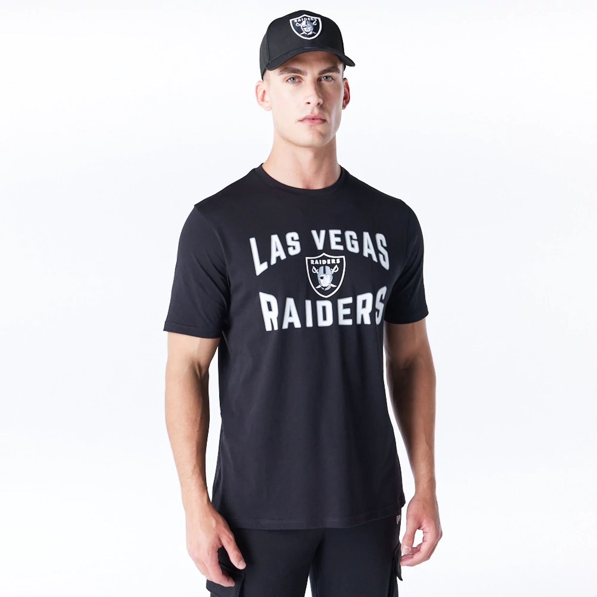 The Male model is wearing Las Vegas Raiders NFL Graphic Black and White T-Shirt 1