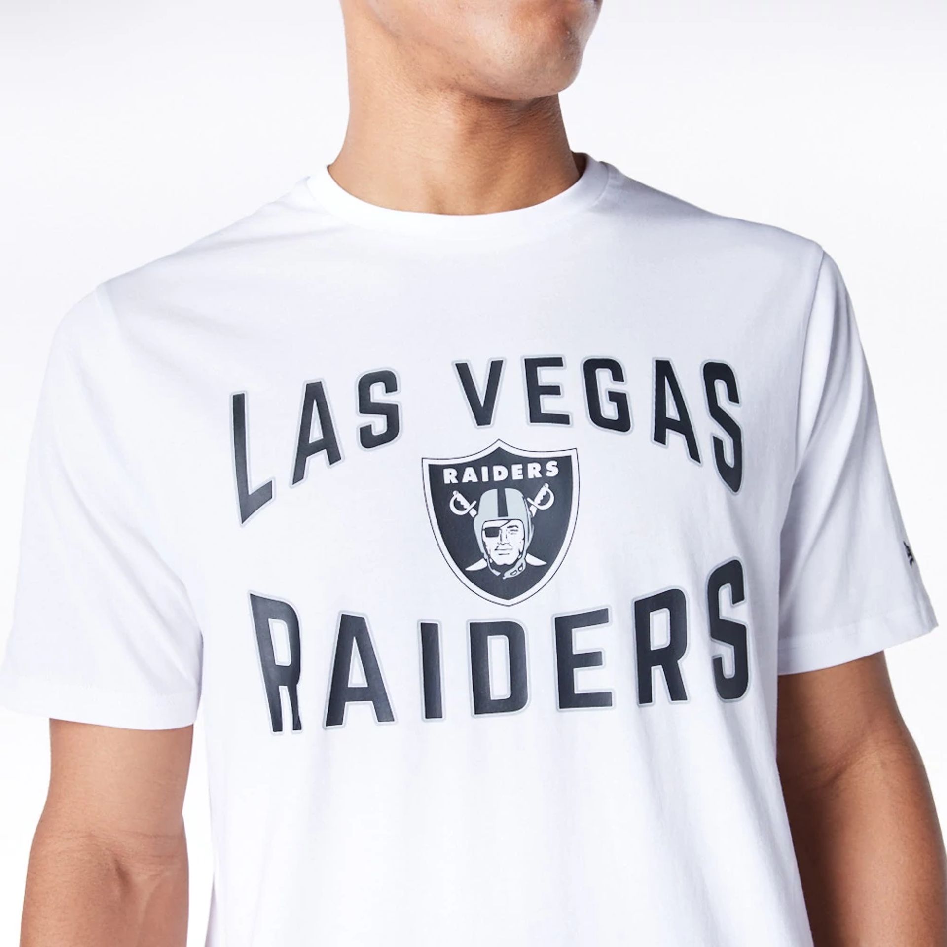 The Male model is wearing Las Vegas Raiders NFL Graphic White and Black T-Shirt 2