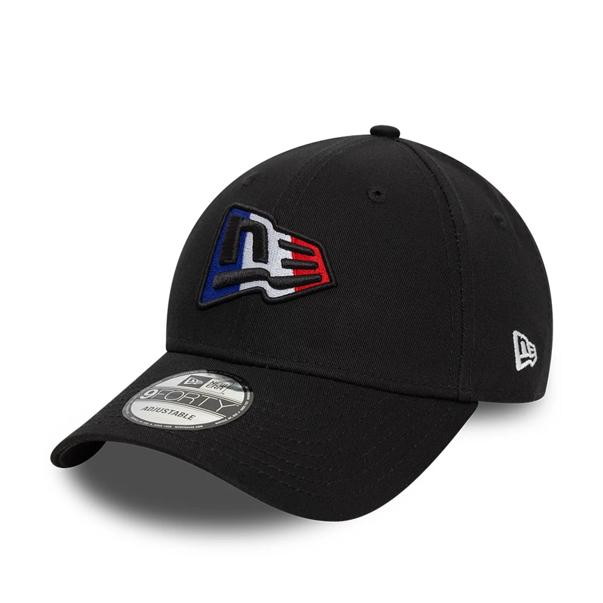 This is a New Era French Country Flag Infill Black 9FORTY Adjustable Cap 1