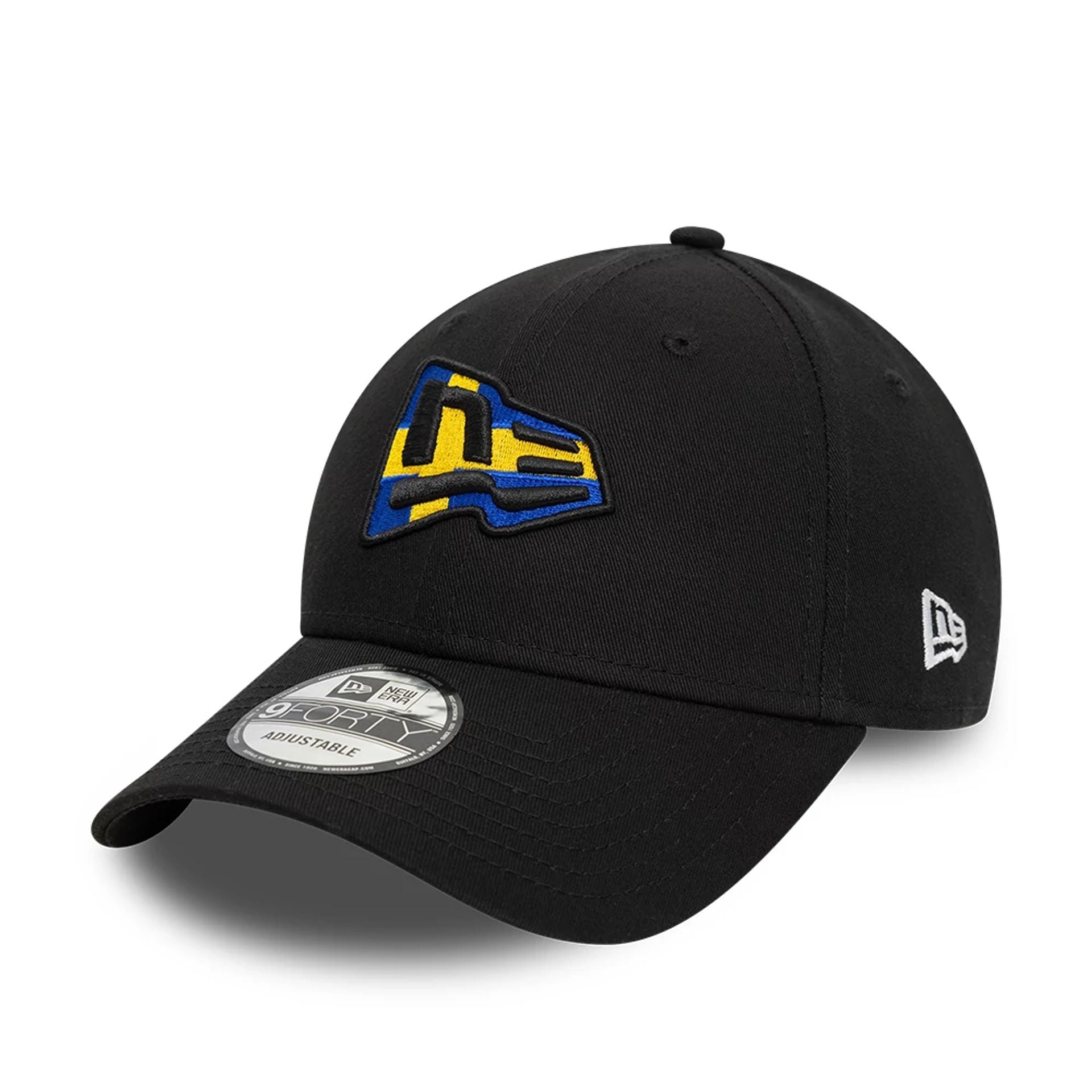 This is a New Era Swedish Country Flag Infill Black 9FORTY Adjustable Cap 1