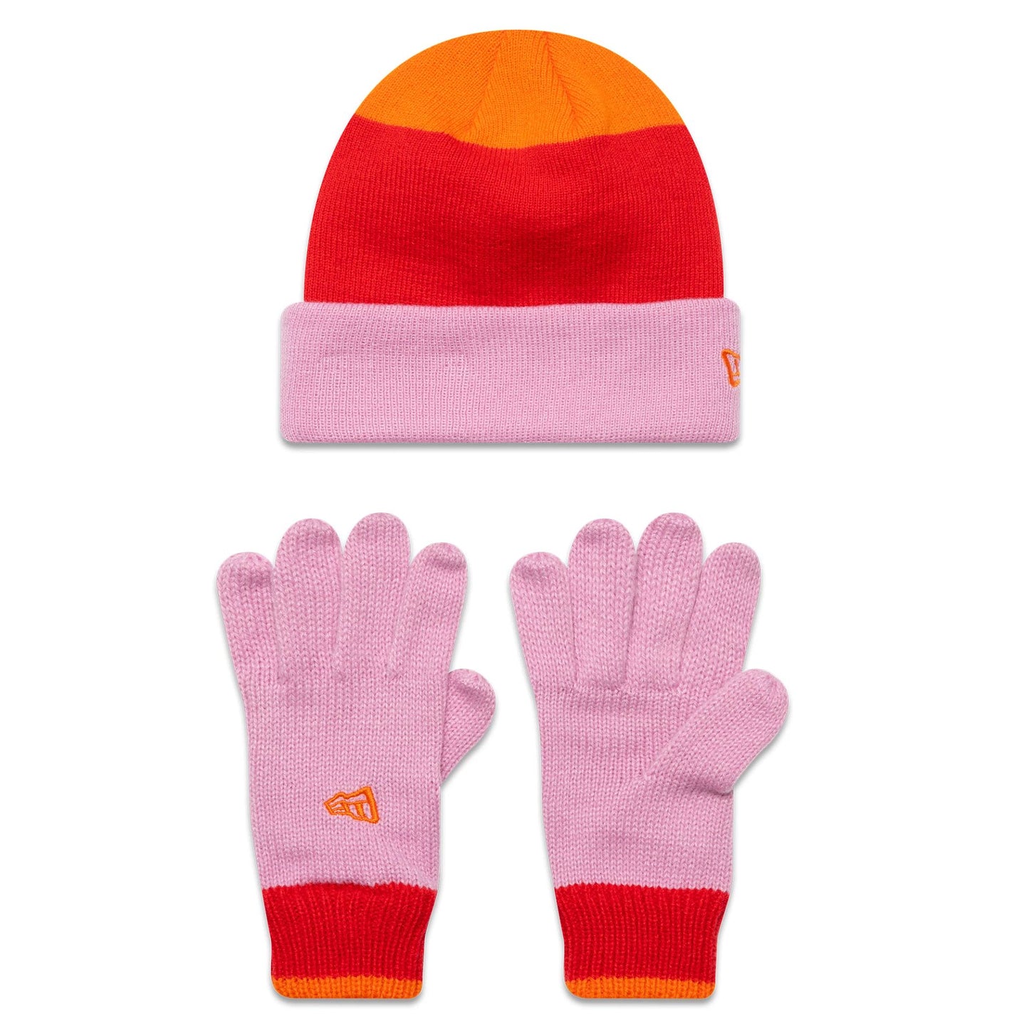 This is a New Era Youth Stripe Pastel Pink Beanie and Gloves Set 1