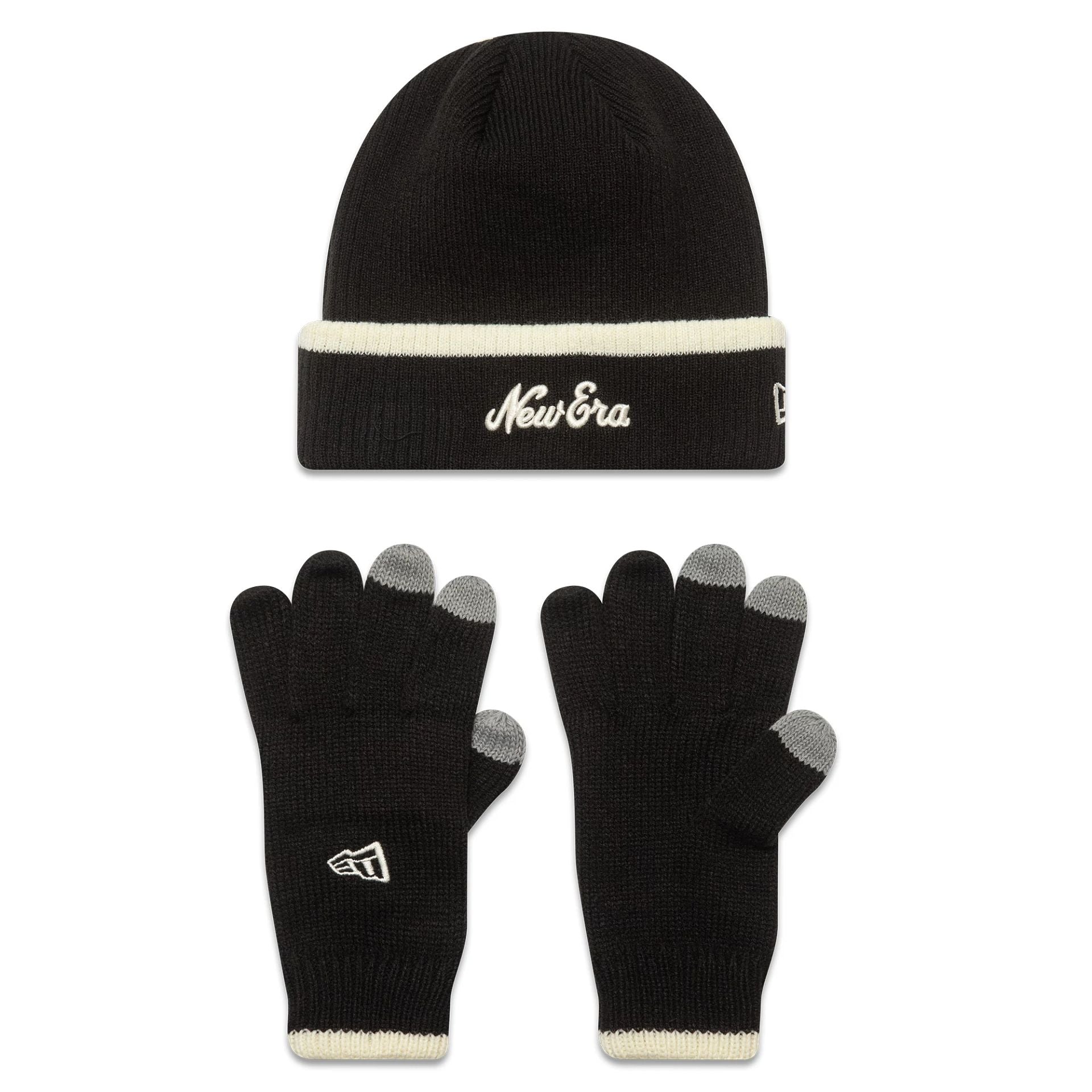 This is a New Era Script Black Beanie and Gloves Set 1