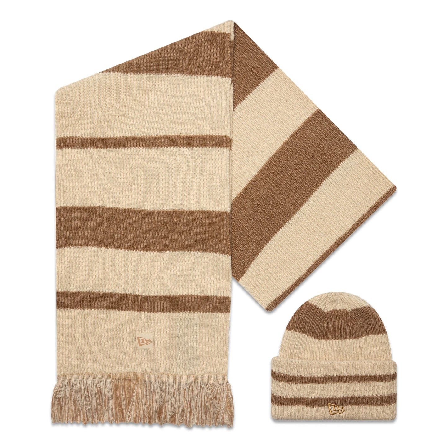 This is a New Era Stripe Beige Beanie and Scarf Set 1