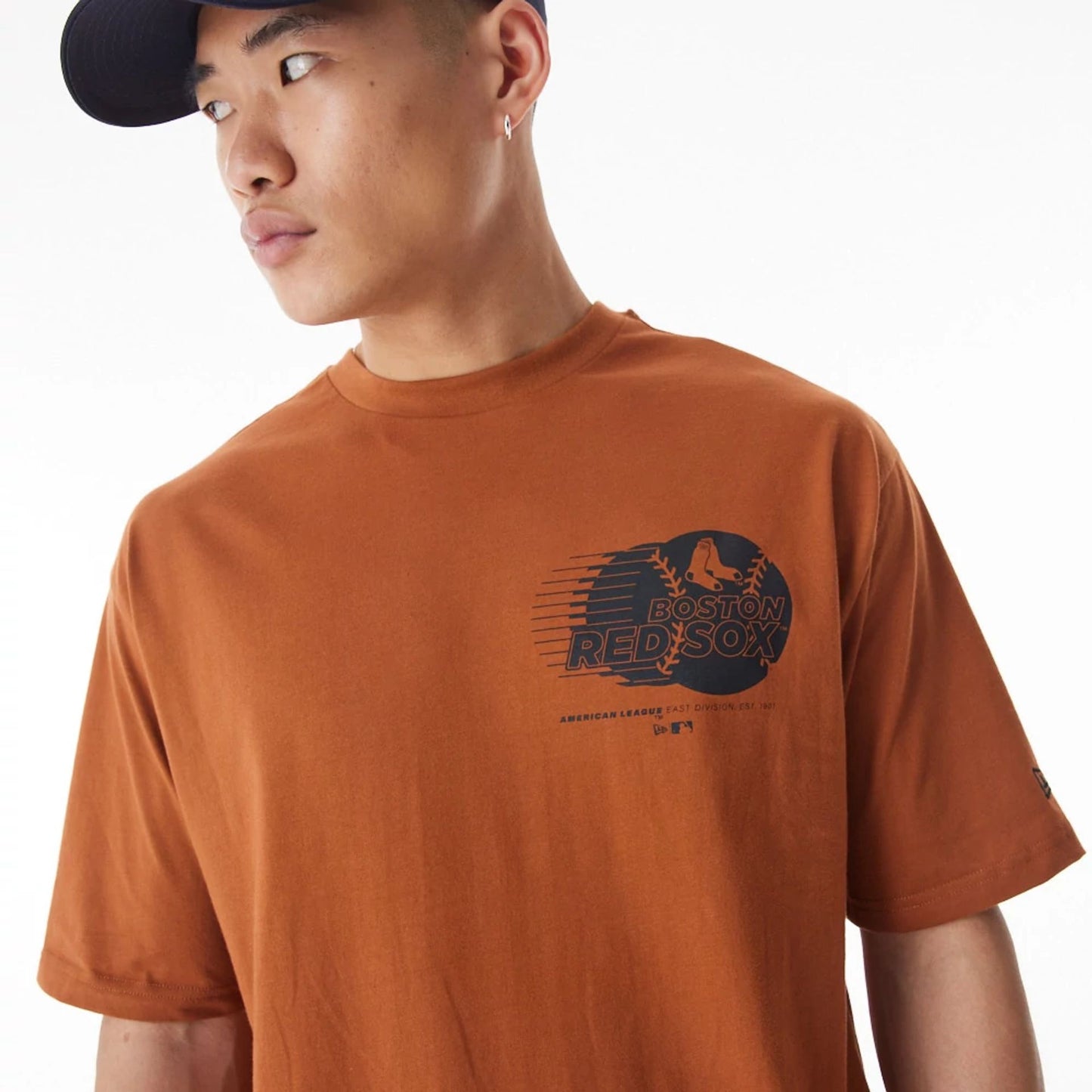 The Male model is wearing Boston Red Sox Baseball Graphic Brown Oversized T-Shirt  4