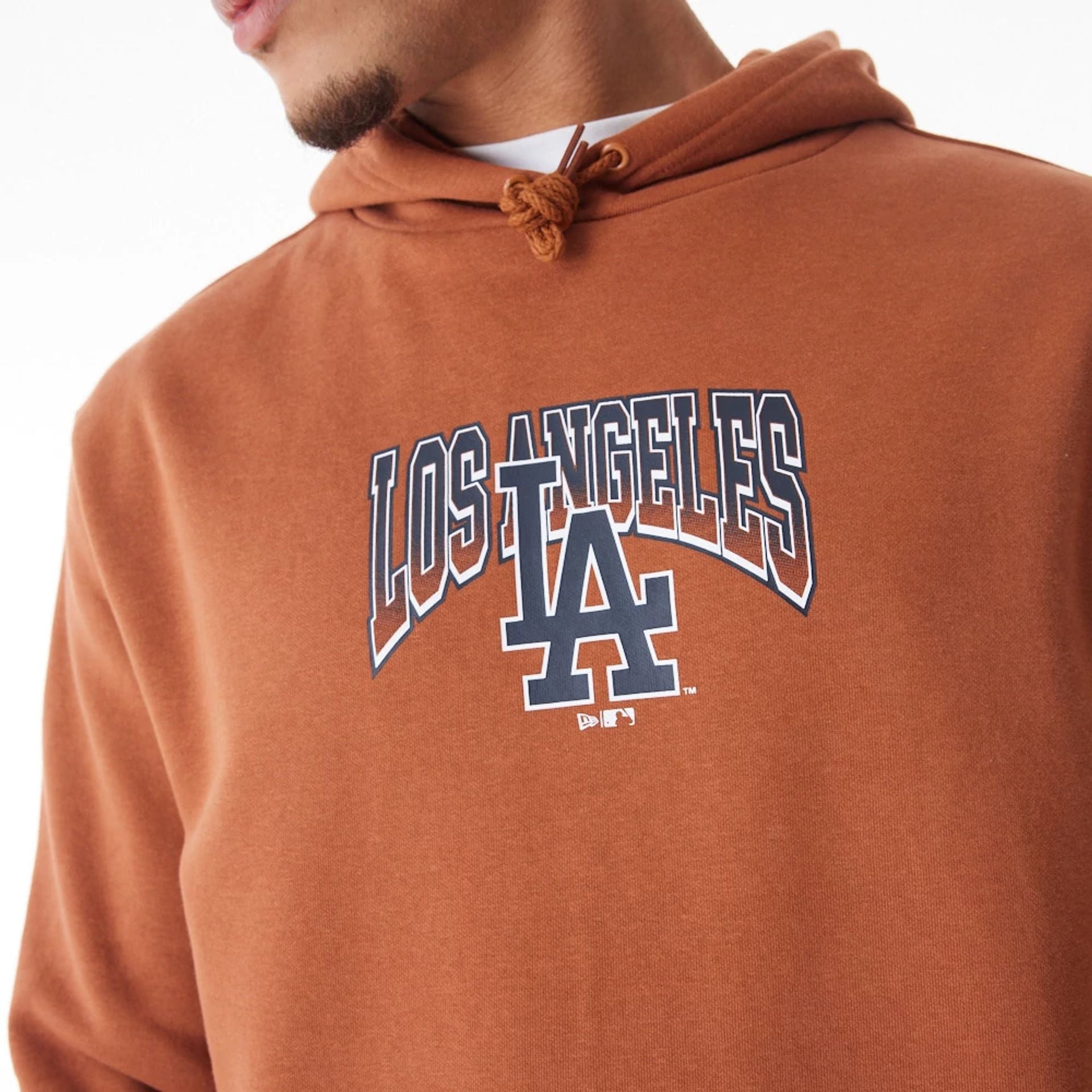 The Male model is wearing LA Dodgers MLB Gradient Brown Oversized Pullover Hoodie  4