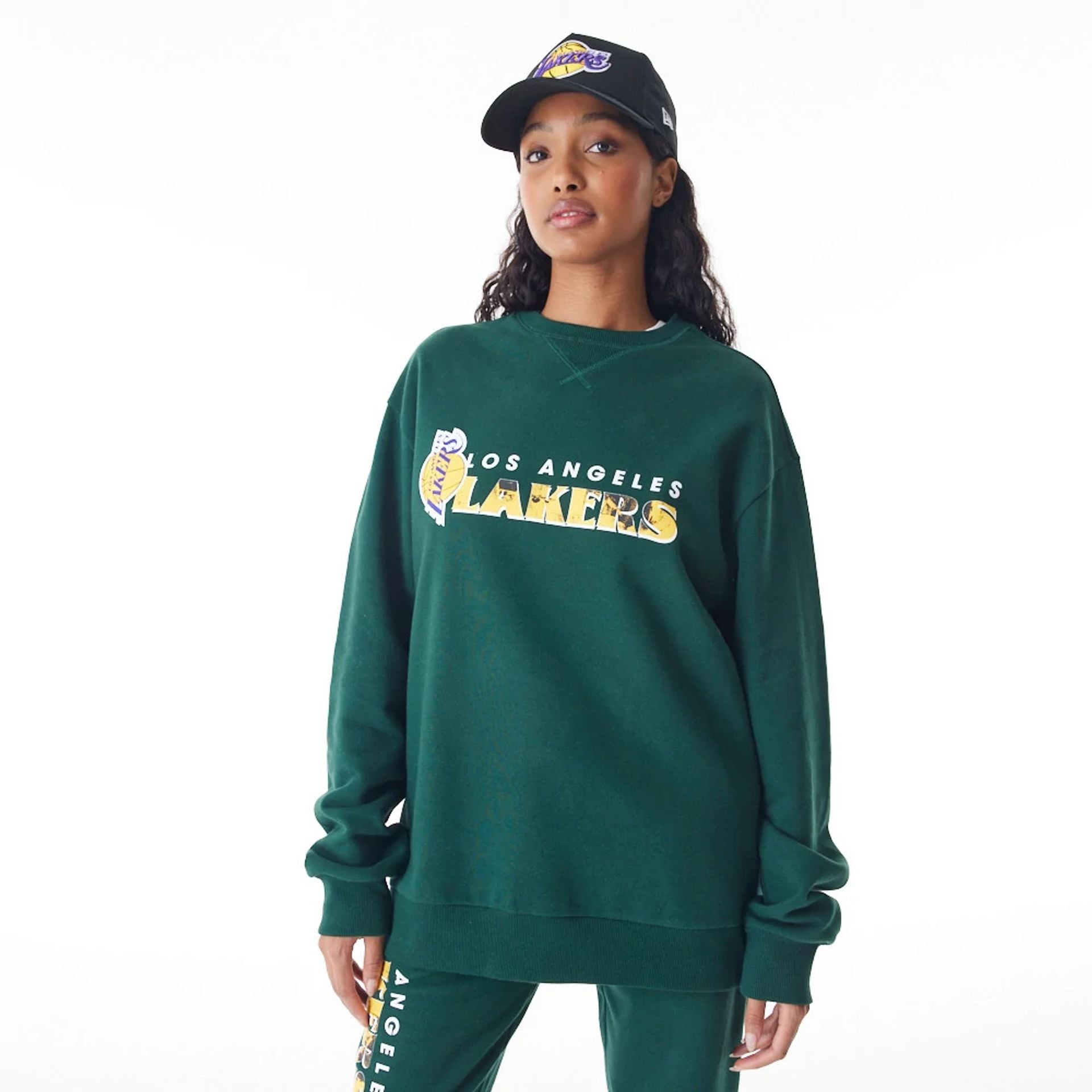 The Male model is wearing LA Lakers NBA Graphic Dark Green Crew Neck Sweater  3