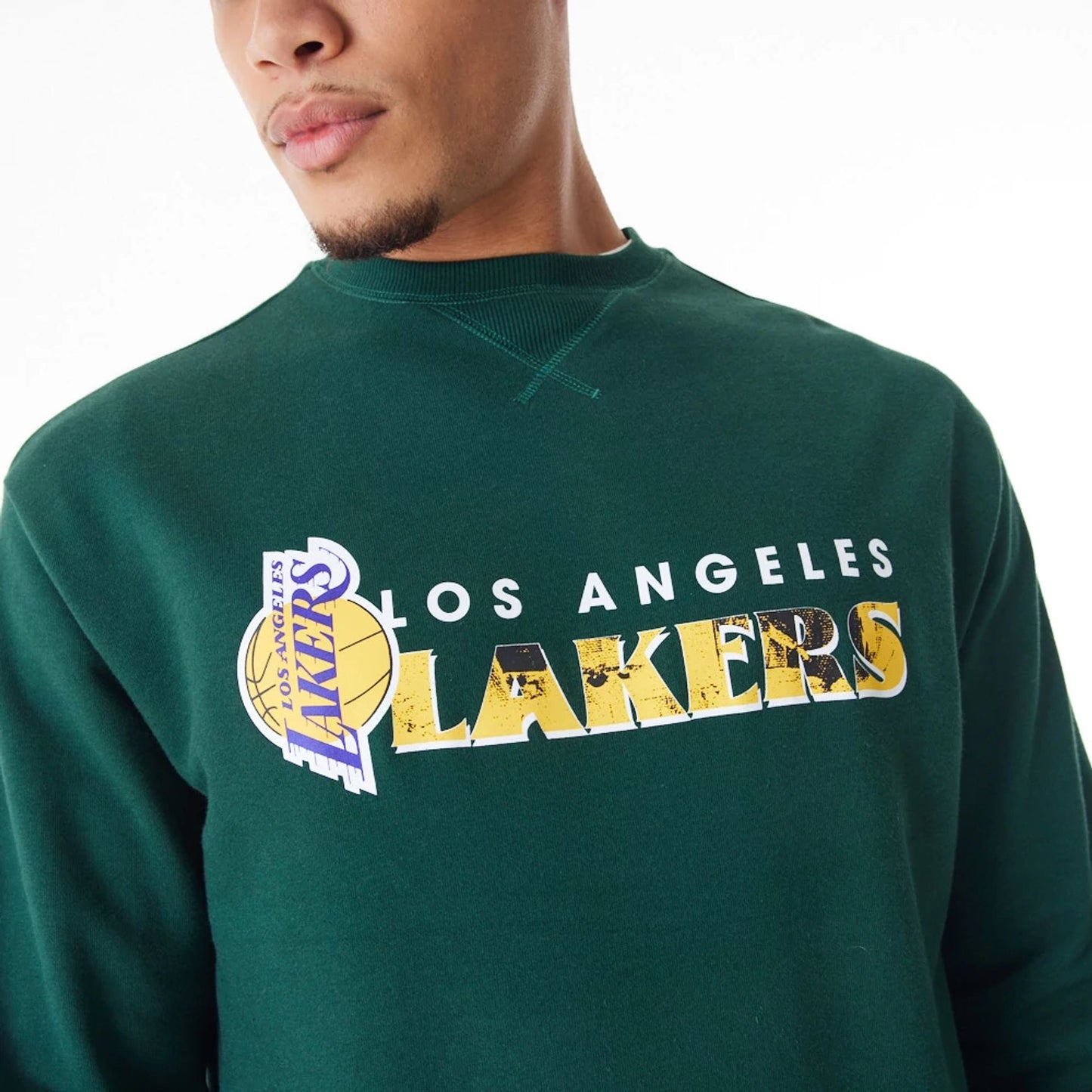 The Male model is wearing LA Lakers NBA Graphic Dark Green Crew Neck Sweater  5