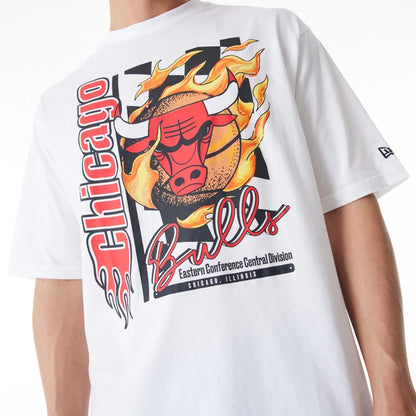 The Male model is wearing Chicago Bulls NBA Flame Print White Oversized T-Shirt  3