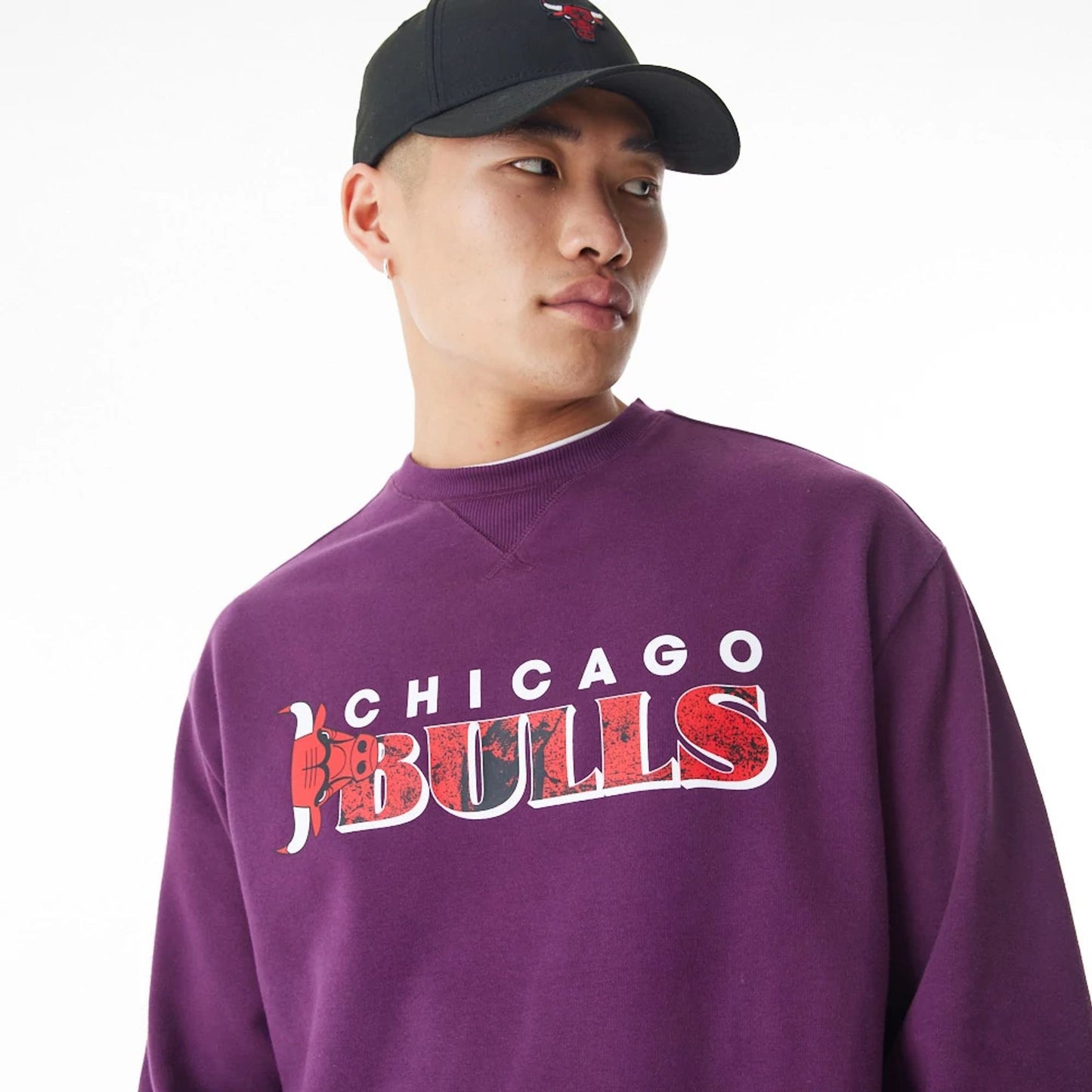 The Male model is wearing Chicago Bulls NBA Graphic Dark Purple Crew Neck Sweater  4