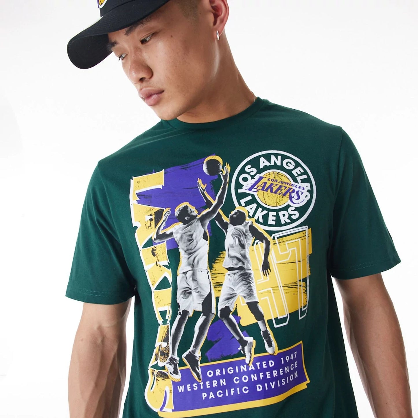 The Male model is wearing LA Lakers NBA Player Graphic Dark Green T-Shirt  5