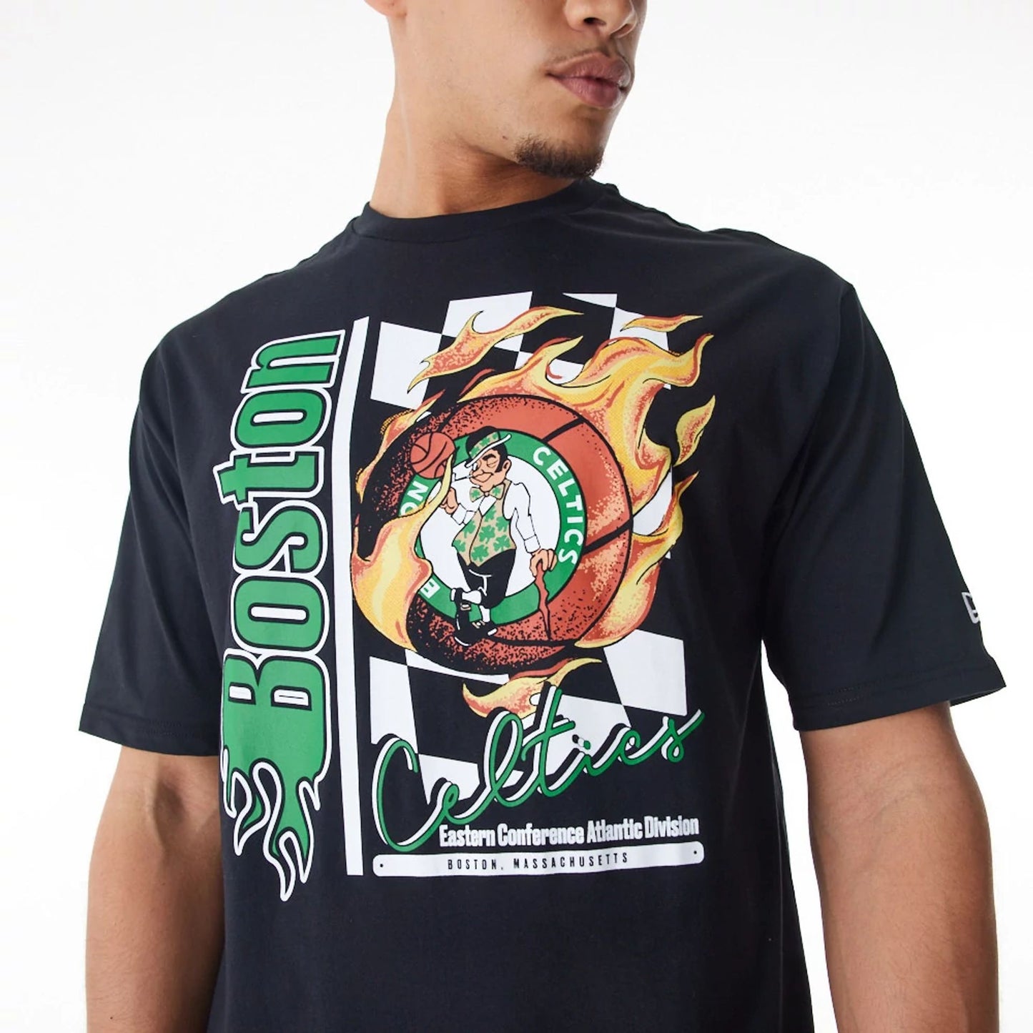 The Male model is wearing Boston Celtics NBA Flame Print Black Oversized T-Shirt  3