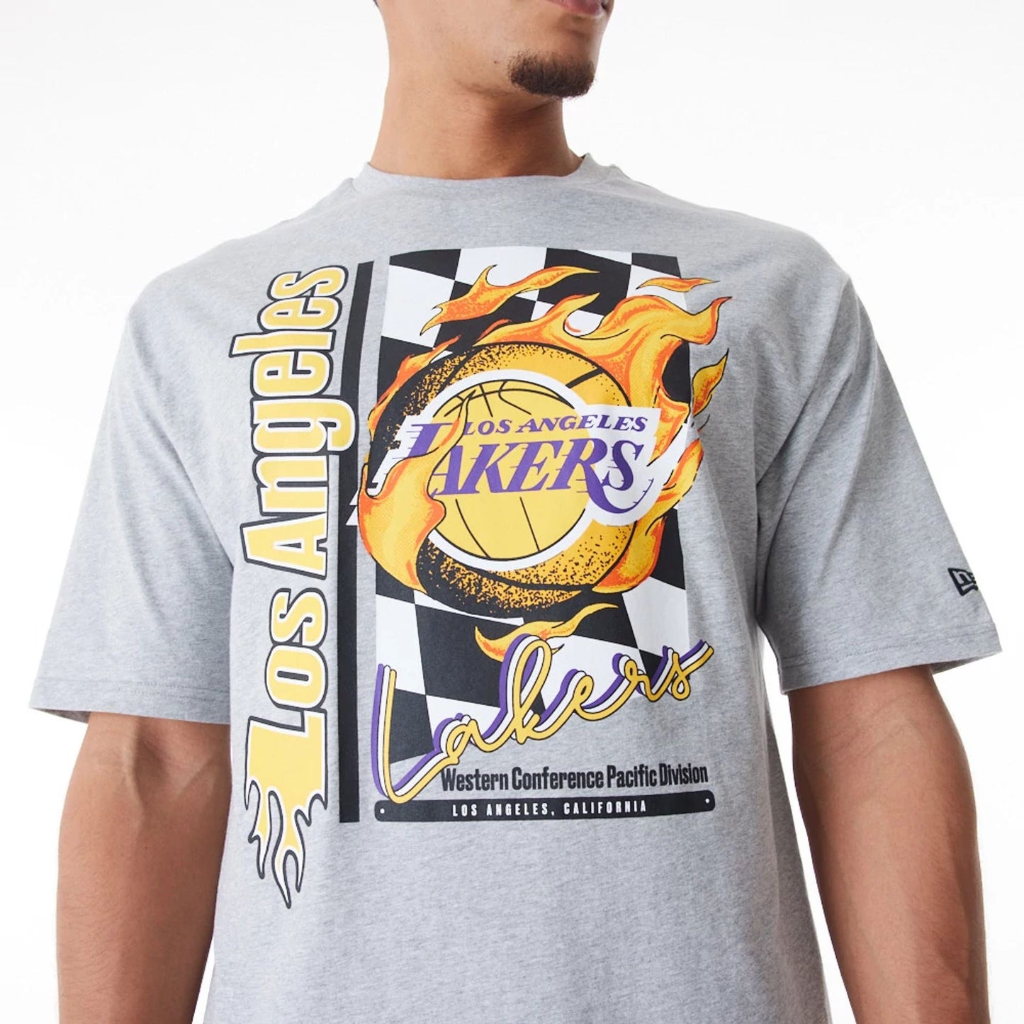 The Male model is wearing LA Lakers NBA Flame Print Grey Oversized T-Shirt  2