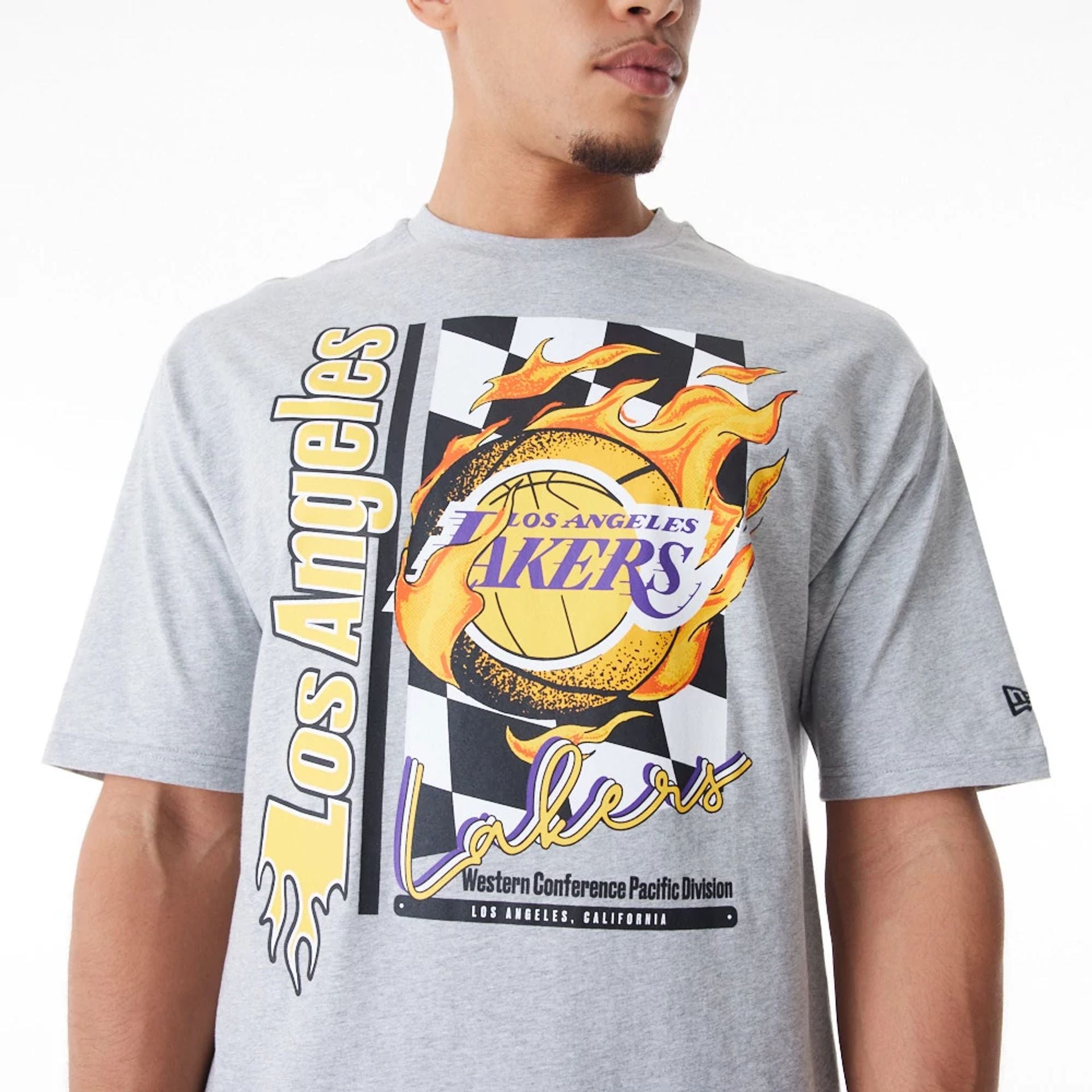 The Male model is wearing LA Lakers NBA Flame Print Grey Oversized T-Shirt  4