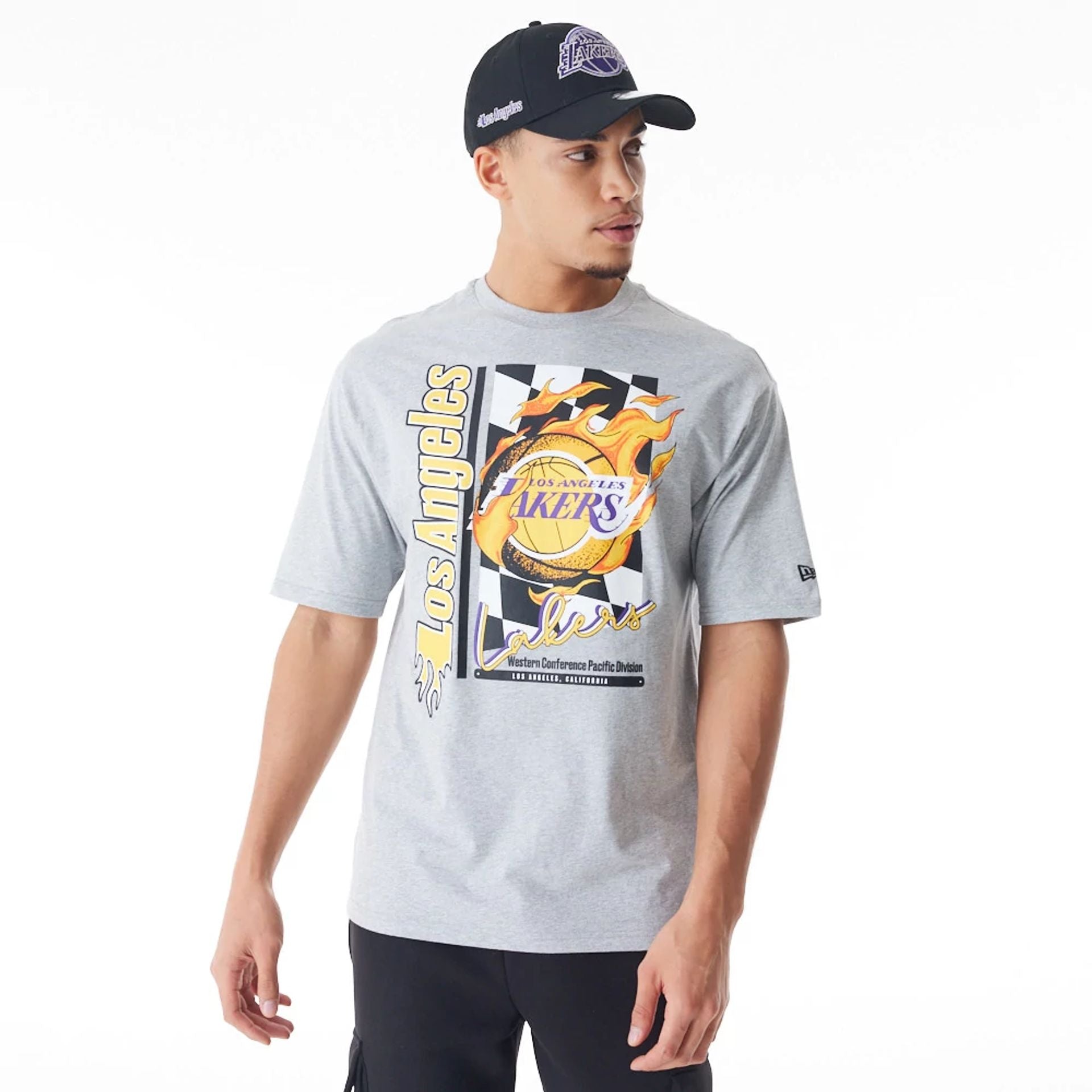 The Male model is wearing LA Lakers NBA Flame Print Grey Oversized T-Shirt  1