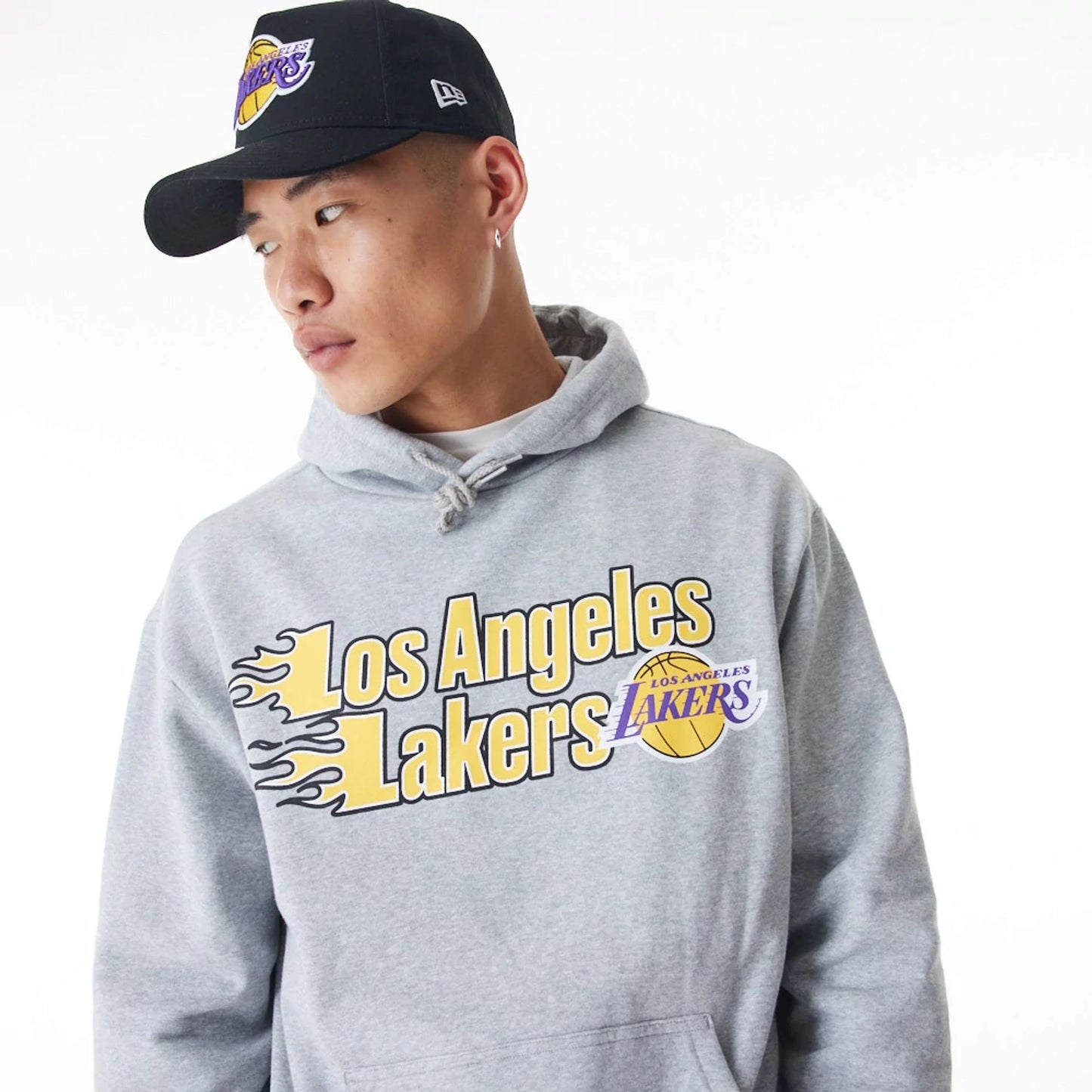 The Male model is wearing LA Lakers NBA Flame Print Grey Oversized Pullover Hoodie  6