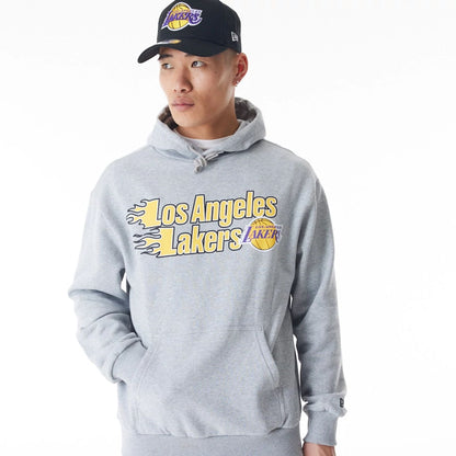 The Male model is wearing LA Lakers NBA Flame Print Grey Oversized Pullover Hoodie  7