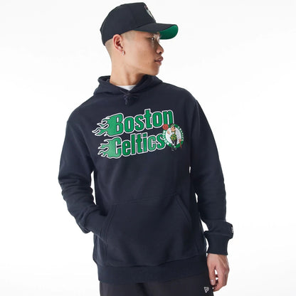 The Male model is wearing Boston Celtics NBA Flame Print Black Oversized Pullover Hoodie  1