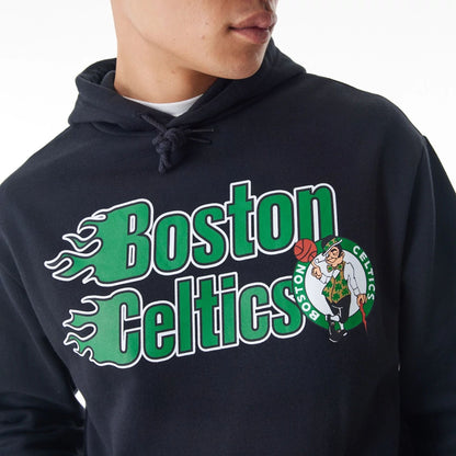 The Male model is wearing Boston Celtics NBA Flame Print Black Oversized Pullover Hoodie  4