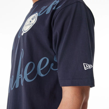 The Male model is wearing New York Yankees MLB Script Graphic Navy Oversized T-Shirt  4