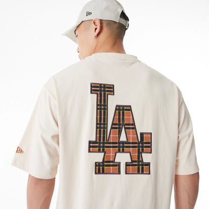 The Male model is wearing LA Dodgers MLB Tartan Infill Light Beige Oversized T-Shirt  6