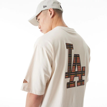 The Male model is wearing LA Dodgers MLB Tartan Infill Light Beige Oversized T-Shirt  4