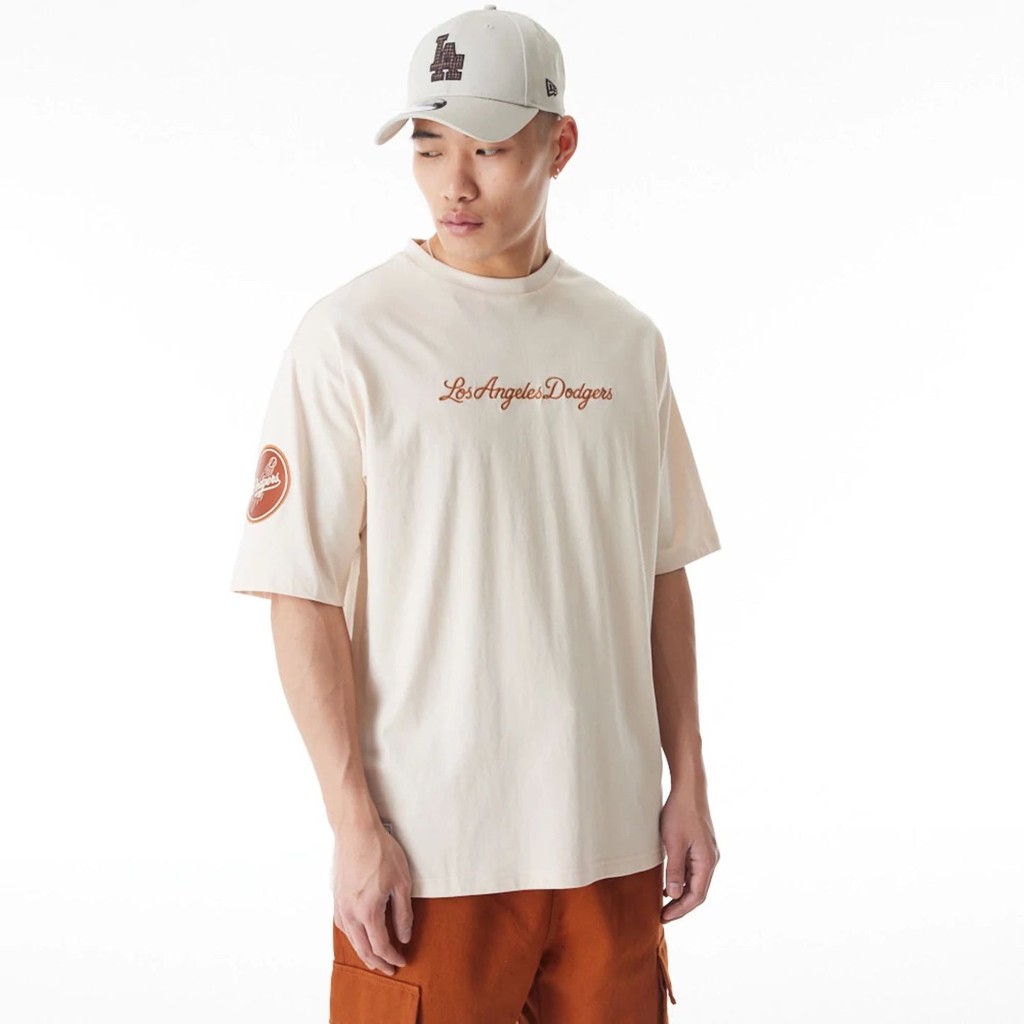 The Male model is wearing LA Dodgers MLB Tartan Infill Light Beige Oversized T-Shirt  3