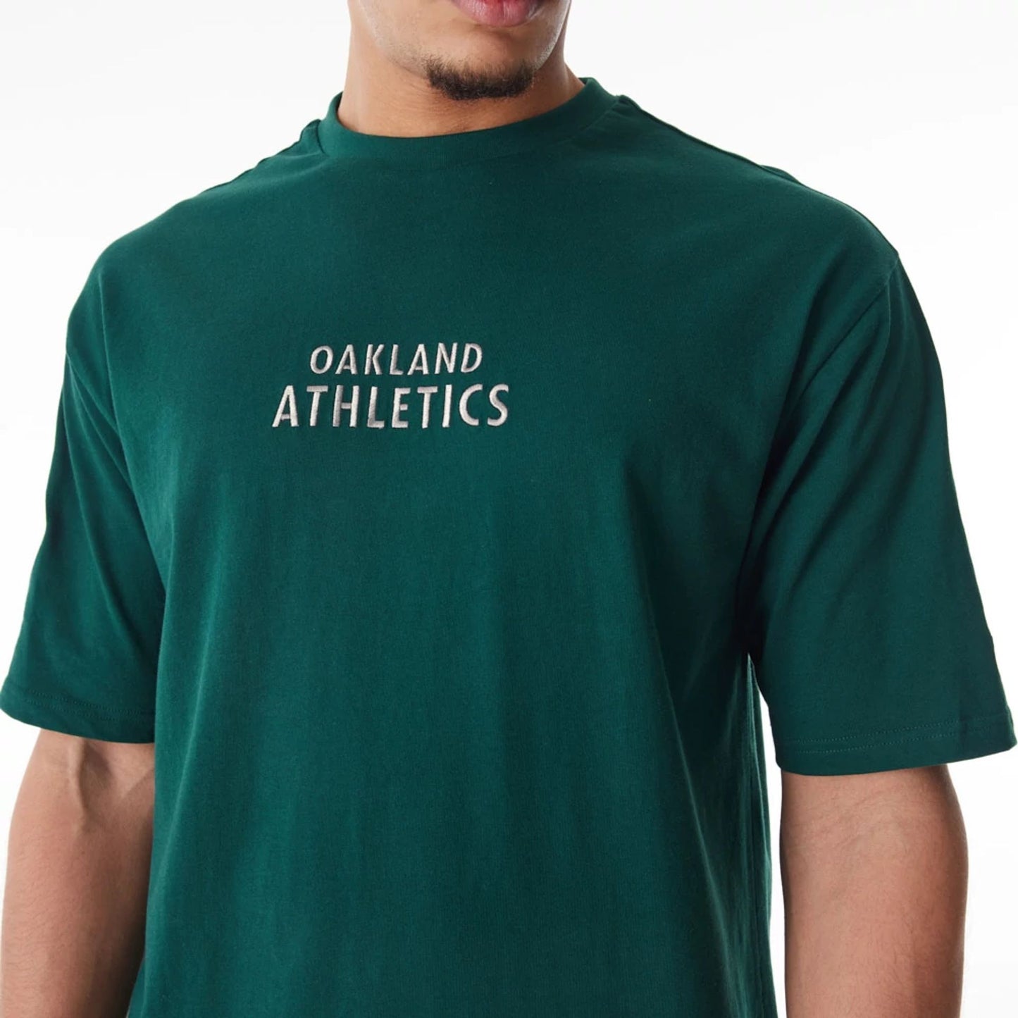 The Male model is wearing Oakland Athletics MLB Tartan Infill Dark Green Oversized T-Shirt  3