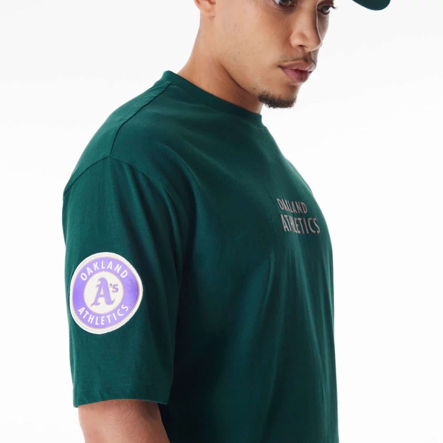 The Male model is wearing Oakland Athletics MLB Tartan Infill Dark Green Oversized T-Shirt  5