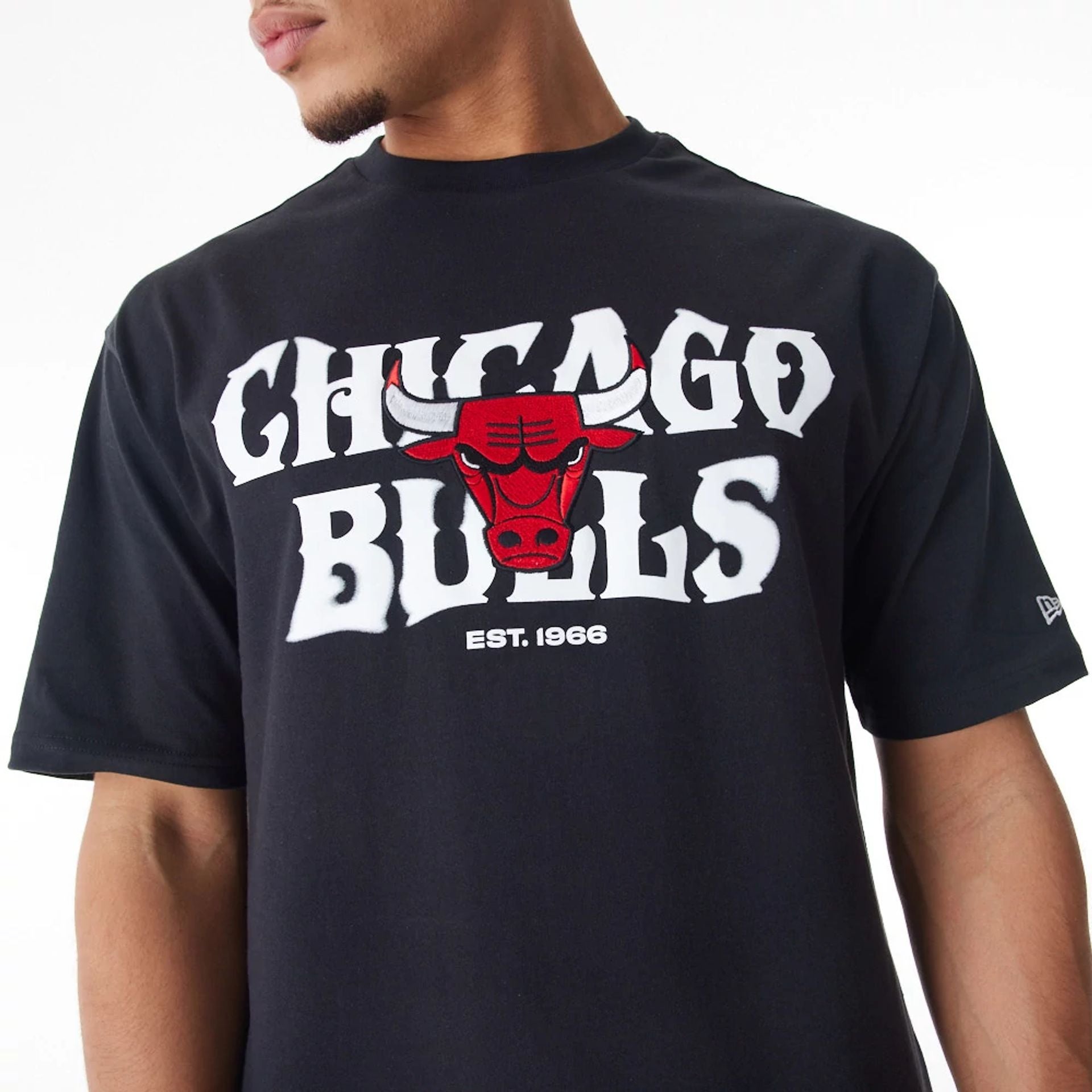 The Male model is wearing Chicago Bulls NBA Graphic Black Oversized T-Shirt  9