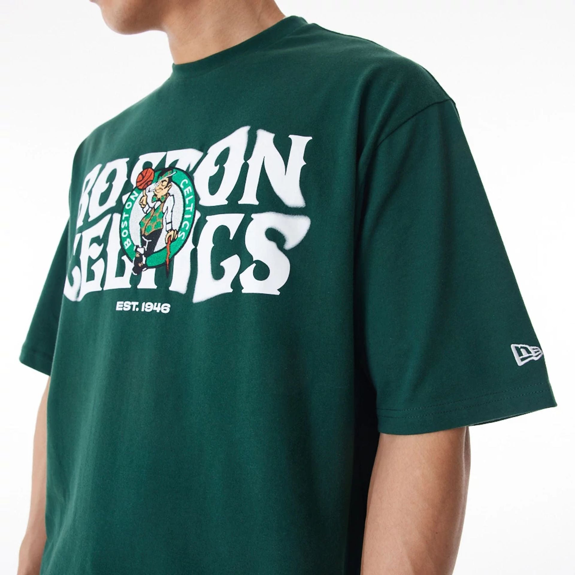 The Male model is wearing Boston Celtics NBA Graphic Dark Green Oversized T-Shirt  3