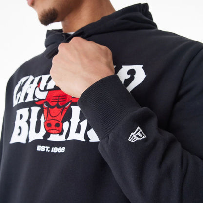 The Male model is wearing Chicago Bulls NBA Graphic Black Oversized Pullover Hoodie  13