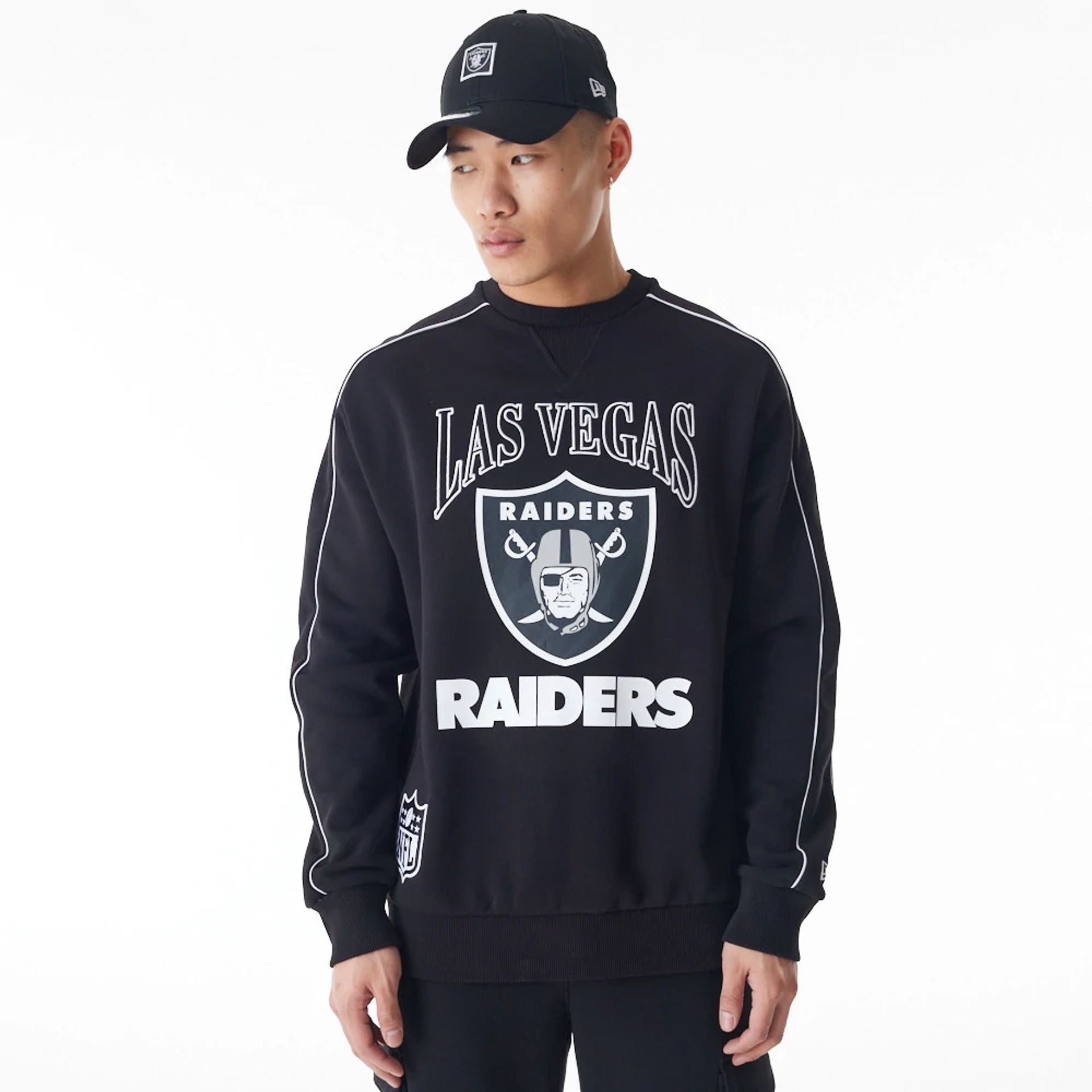 The Male model is wearing Las Vegas Raiders NFL Graphic Black Crew Neck Sweater  1