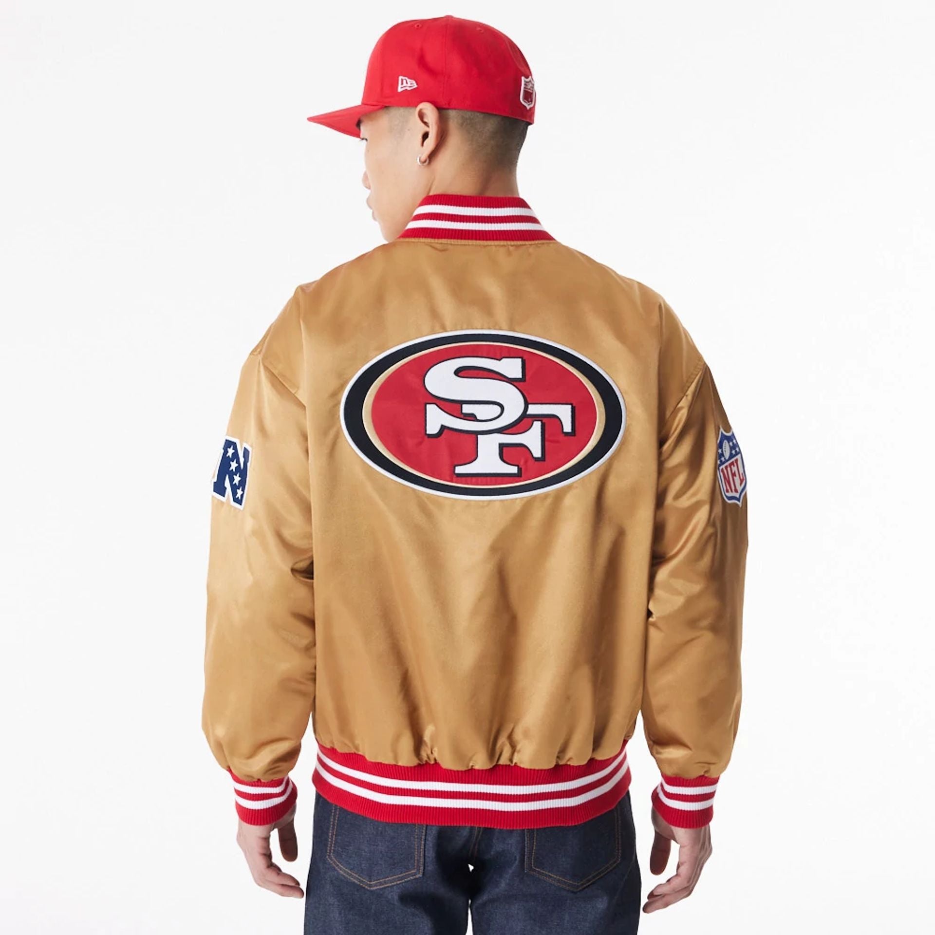 The Male model is wearing San Francisco 49Ers NFL Beige Satin Bomber Jacket  5