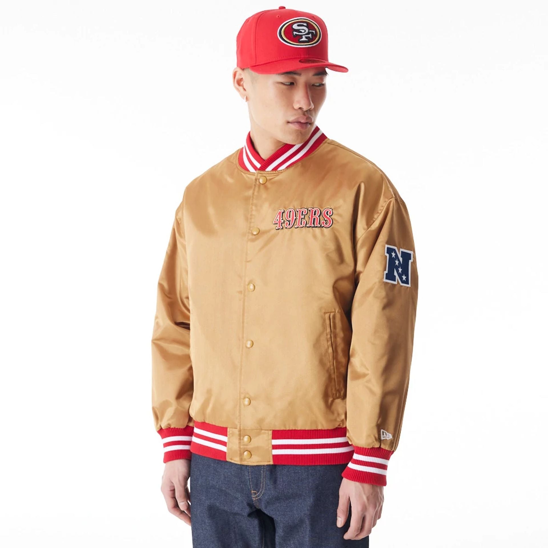 The Male model is wearing San Francisco 49Ers NFL Beige Satin Bomber Jacket  2