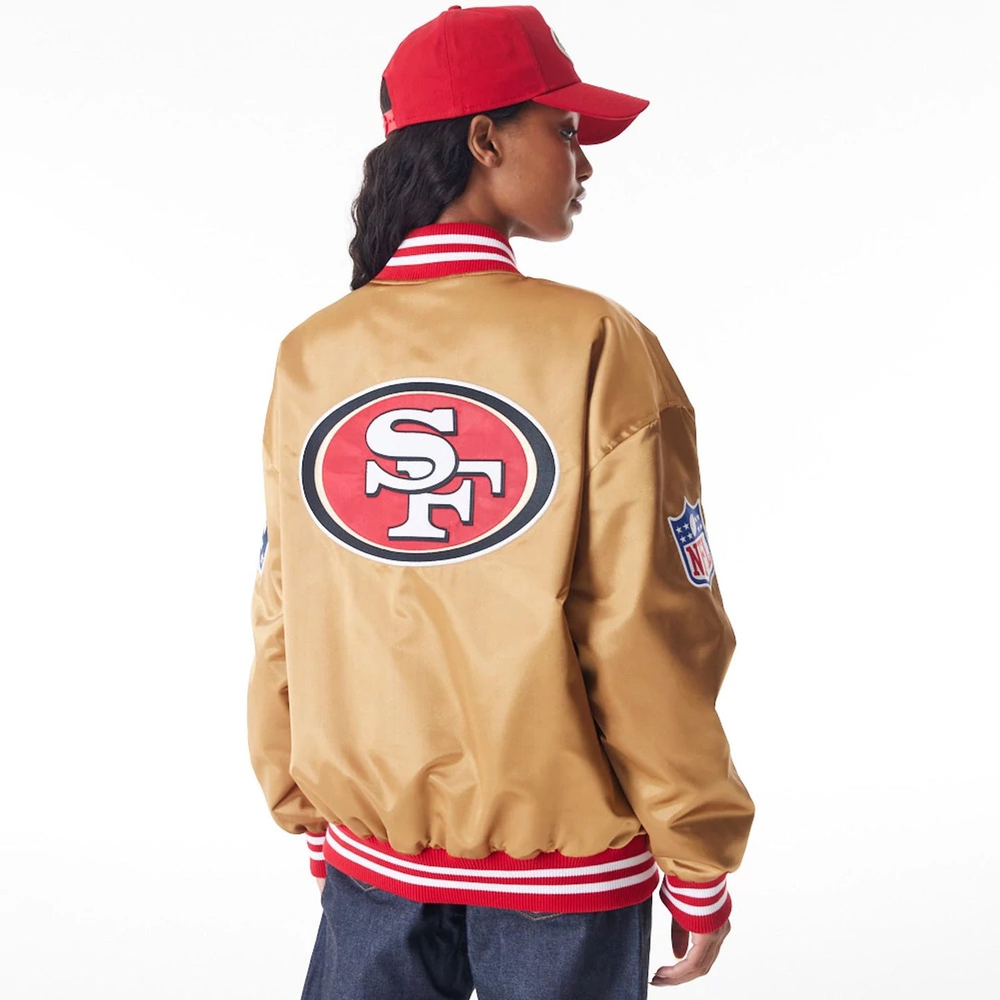 The Male model is wearing San Francisco 49Ers NFL Beige Satin Bomber Jacket  3