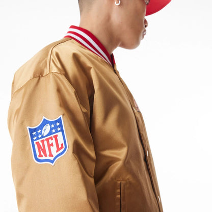 The Male model is wearing San Francisco 49Ers NFL Beige Satin Bomber Jacket  7