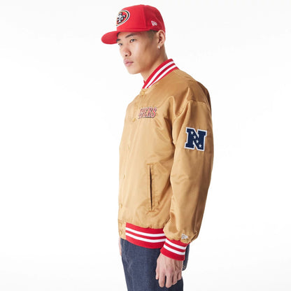 The Male model is wearing San Francisco 49Ers NFL Beige Satin Bomber Jacket  9