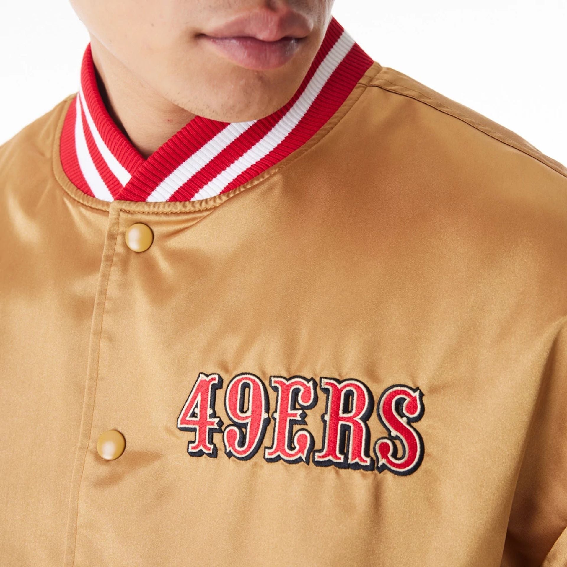 The Male model is wearing San Francisco 49Ers NFL Beige Satin Bomber Jacket  6