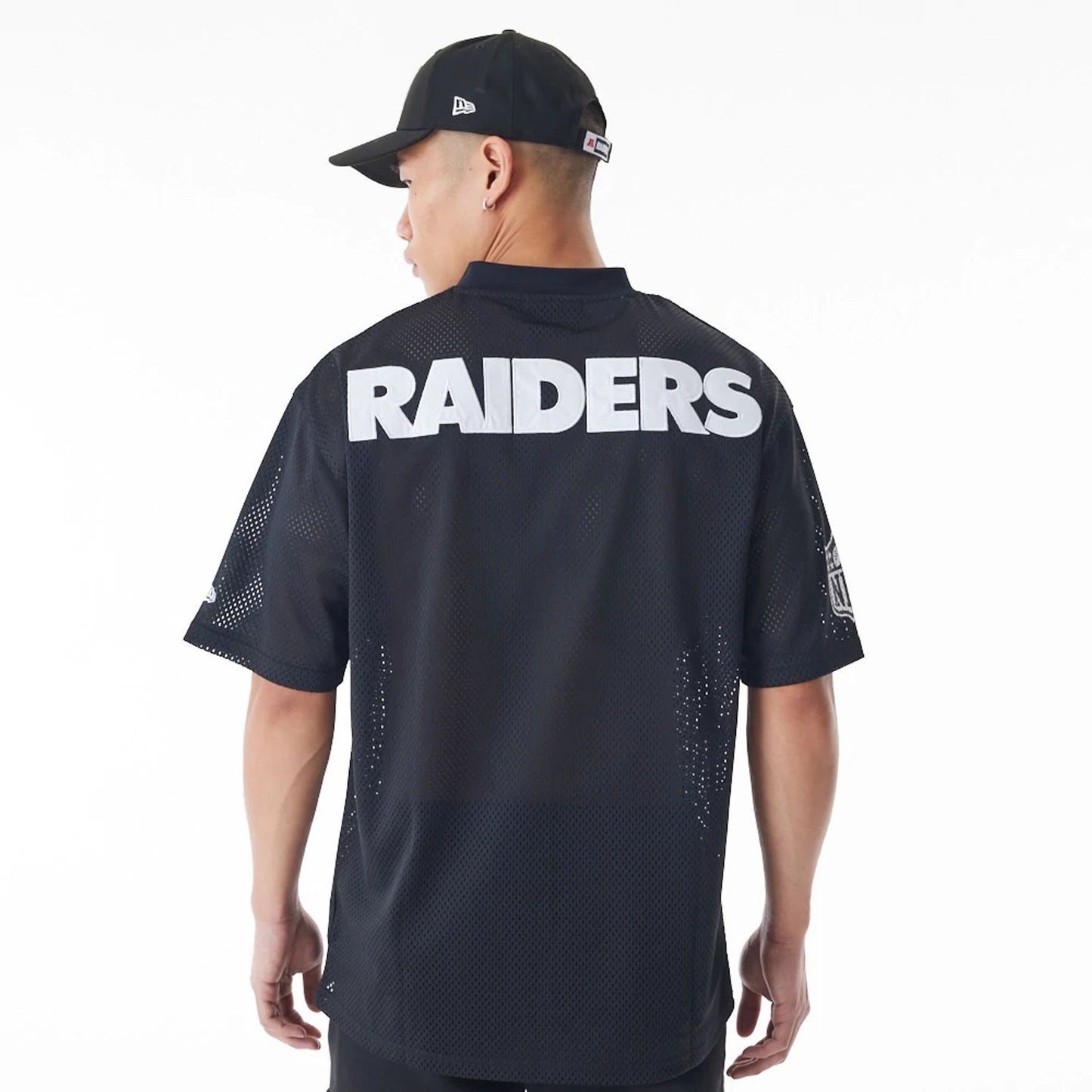 The Male model is wearing Las Vegas Raiders NFL Mesh Black Jersey  2