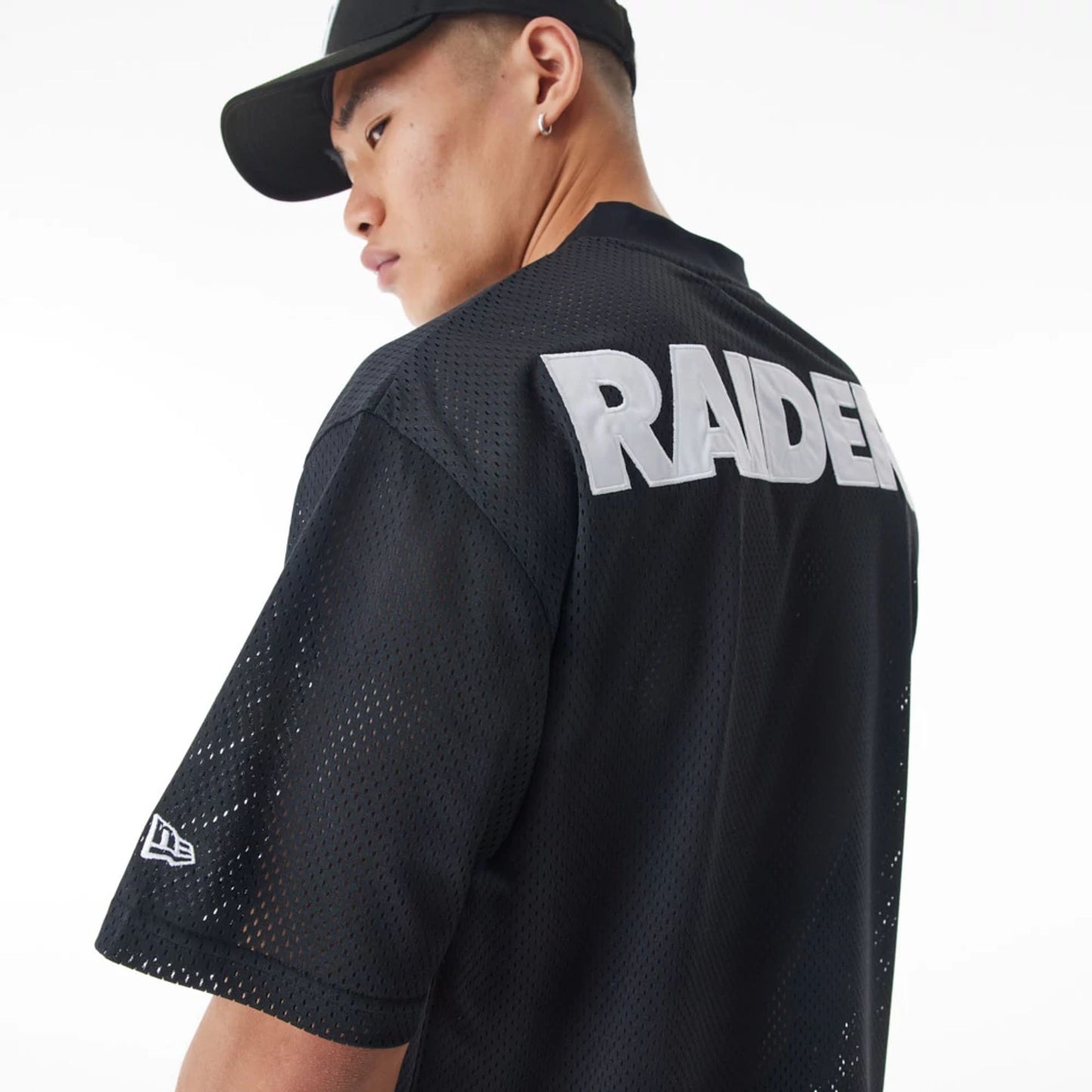 The Male model is wearing Las Vegas Raiders NFL Mesh Black Jersey  8