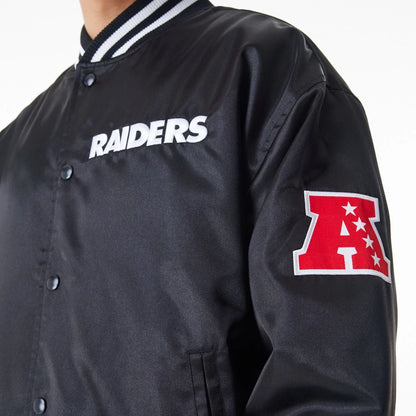 The Male model is wearing Las Vegas Raiders NFL Black Satin Bomber Jacket  11