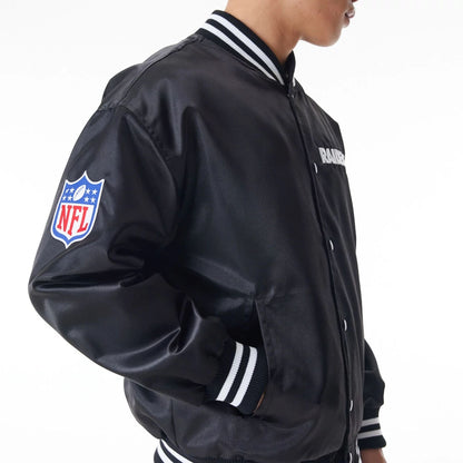 The Male model is wearing Las Vegas Raiders NFL Black Satin Bomber Jacket  12