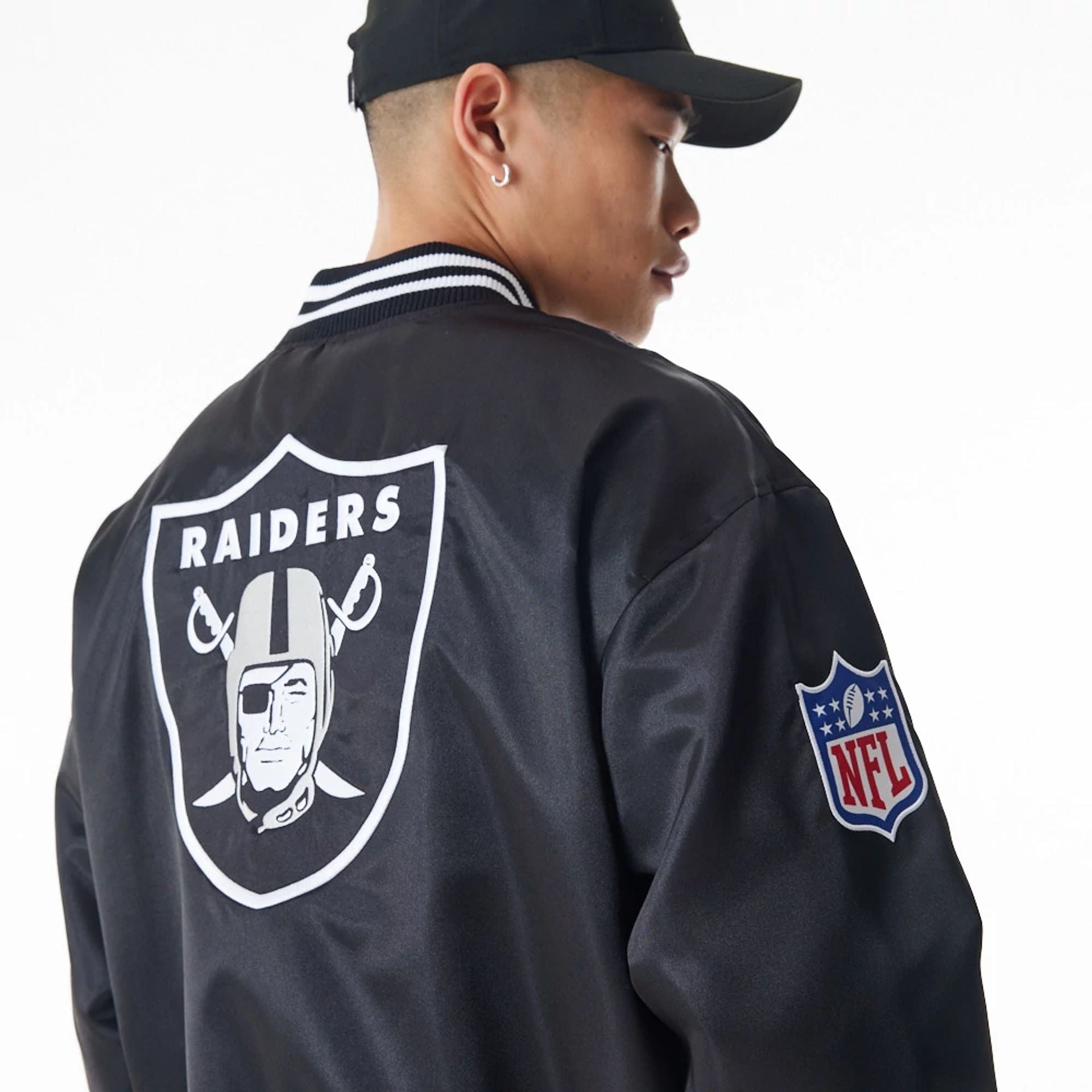 The Male model is wearing Las Vegas Raiders NFL Black Satin Bomber Jacket  6