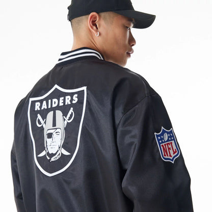 The Male model is wearing Las Vegas Raiders NFL Black Satin Bomber Jacket  6