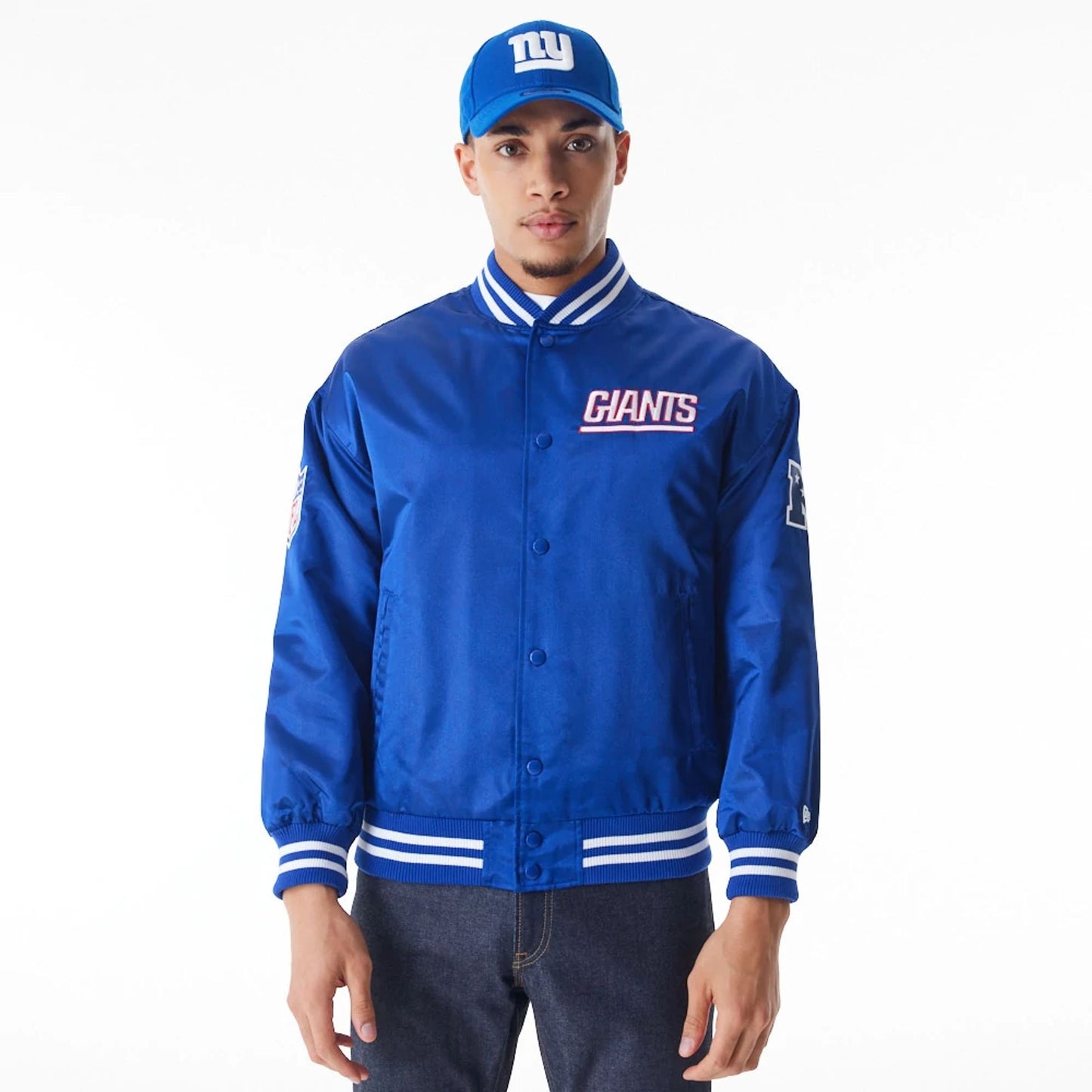 The Male model is wearing New York Giants NFL Blue Satin Bomber Jacket  1